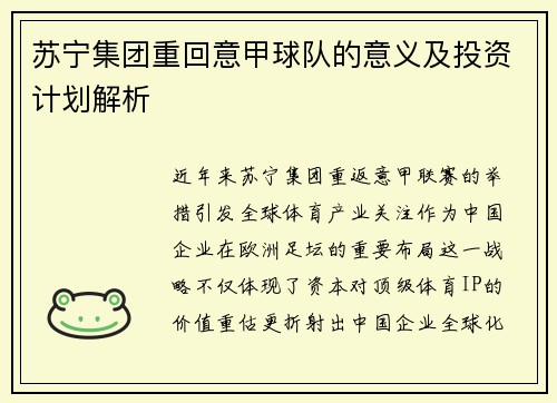 苏宁集团重回意甲球队的意义及投资计划解析